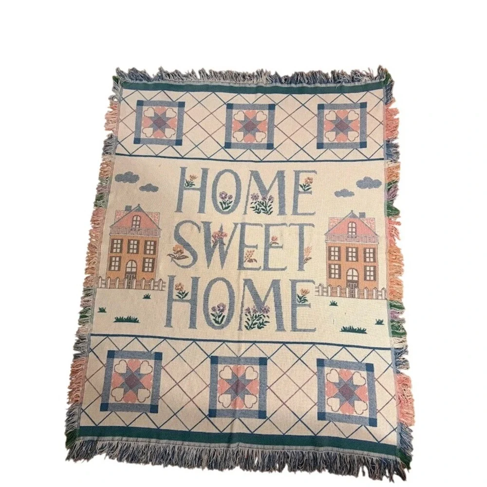 Vintage Home Sweet Home Woven Tapestry Throw Blanket Fringed Cottagecore 48x34